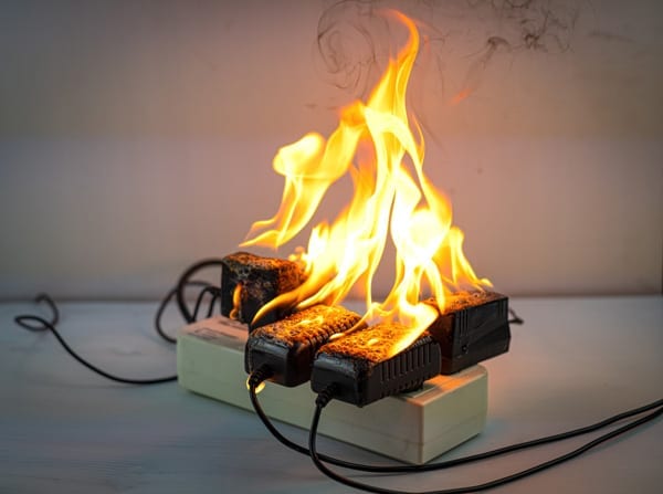Image of an electrical fire caused by an overloaded power bar circuit